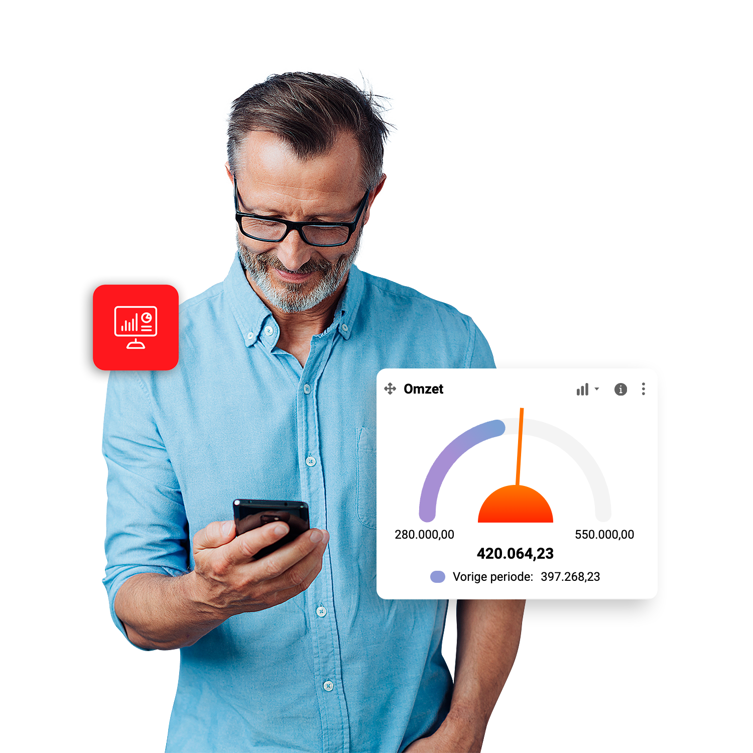 Man met telefoon bekijkt meter